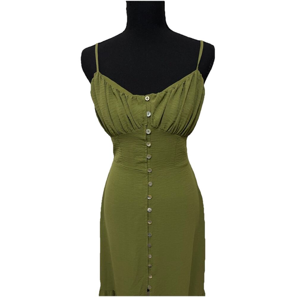 Forever 21 Olive Green Midi Dress L Sweetheart Button Front Cottagecore - Picture 3 of 9